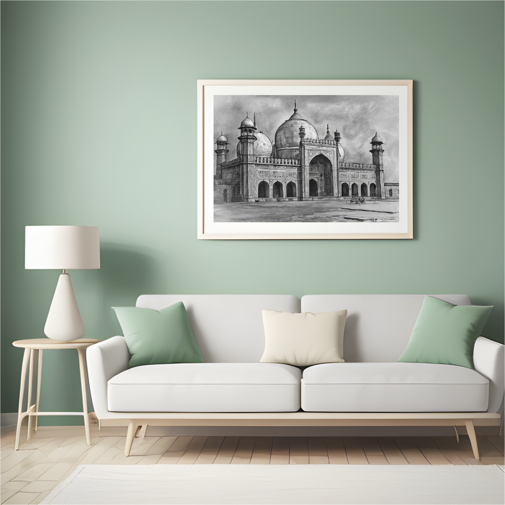 Badshahi Mosque Wall Art | Vintage Sketch Digital Print – Islamic Home Decor Pakistan