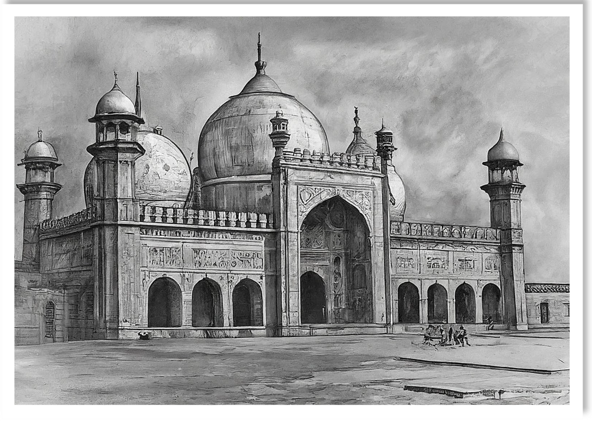 Badshahi Mosque Wall Art | Vintage Sketch Digital Print – Islamic Home Decor Pakistan