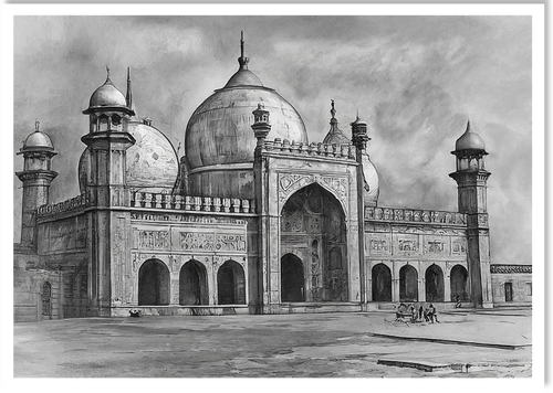 Badshahi Mosque Wall Art | Vintage Sketch Digital Print – Islamic Home Decor Pakistan