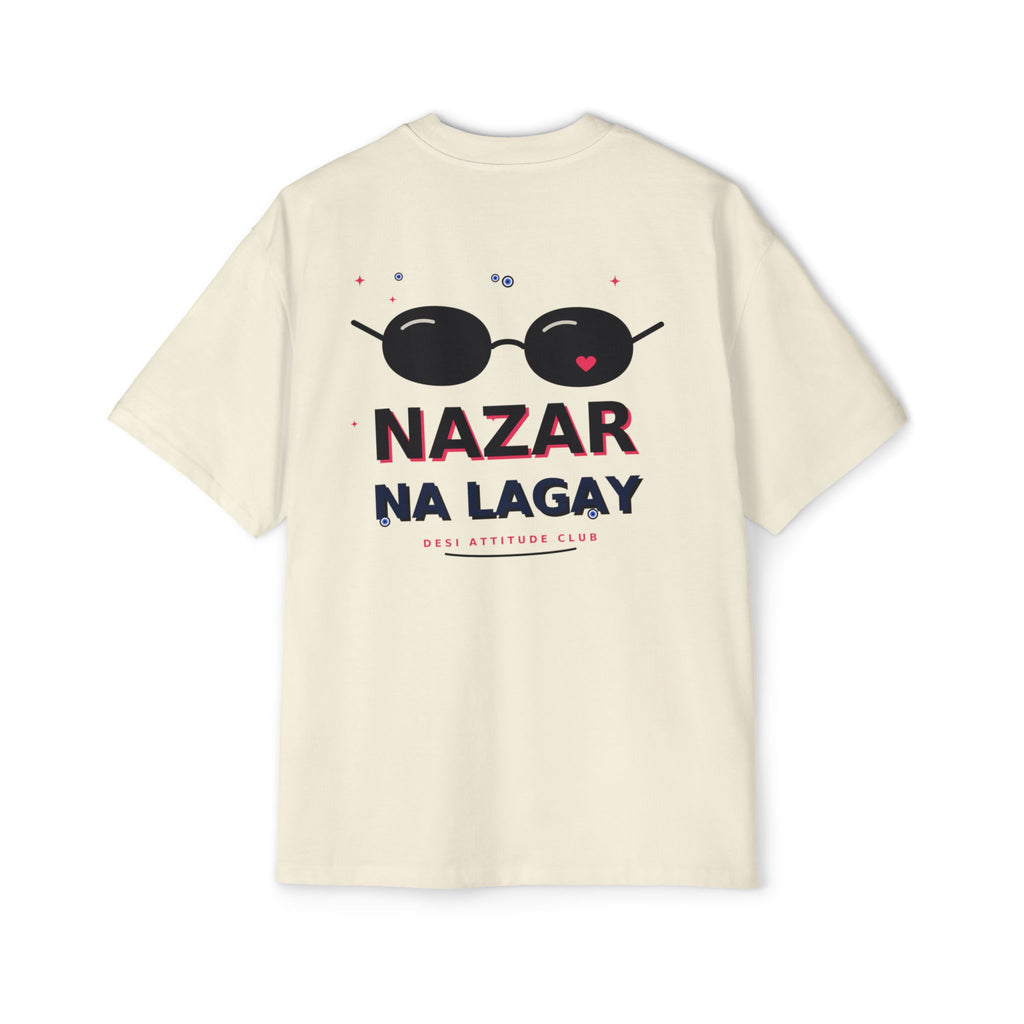 Beige oversized t-shirt back print with sunglasses graphic and Nazar Na Lagay typography - Marfz.pk