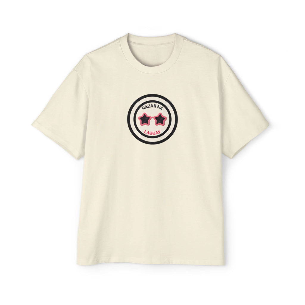 Beige oversized t-shirt front chest badge print with star sunglasses design - Marfz.pk