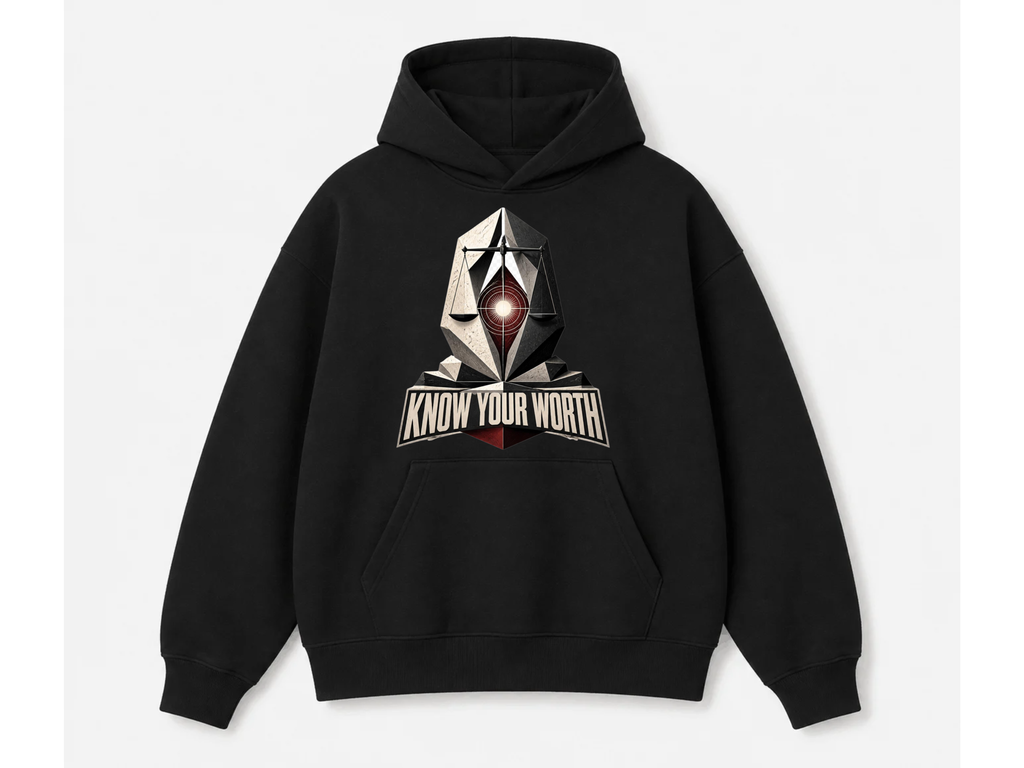 Black hoodie with Know Your Worth marble scales and eye graphic on front, pouch pocket and 3-panel hood - Marfz.pk