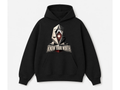 Black hoodie with Know Your Worth marble scales and eye graphic on front, pouch pocket and 3-panel hood - Marfz.pk