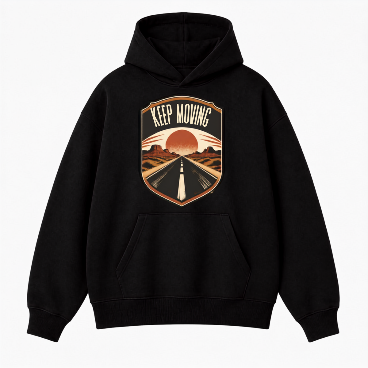 Black unisex hoodie with Keep Moving desert highway sunset badge graphic on front, pouch pocket and 3-panel hood - Marfz.pk