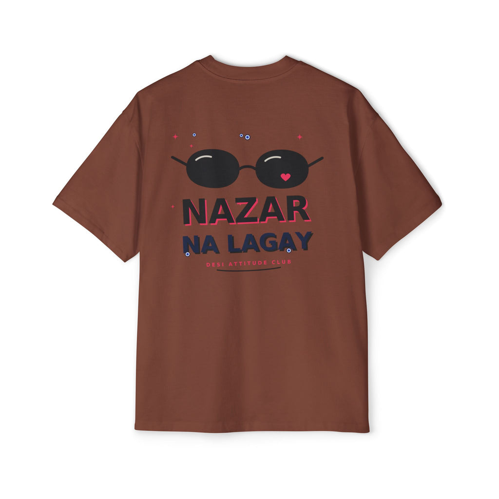 Brown oversized t-shirt back print with sunglasses graphic and Nazar Na Lagay typography - Marfz.pk