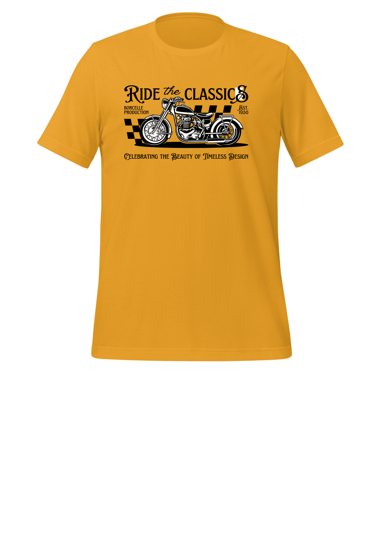 A yellow short-sleeve crewneck t-shirt featuring a vintage-style graphic of a motorcycle and the text 'Ride the Classics' and 'Celebrating the Beauty of Twisted Road' on the front, displayed against a solid white background.