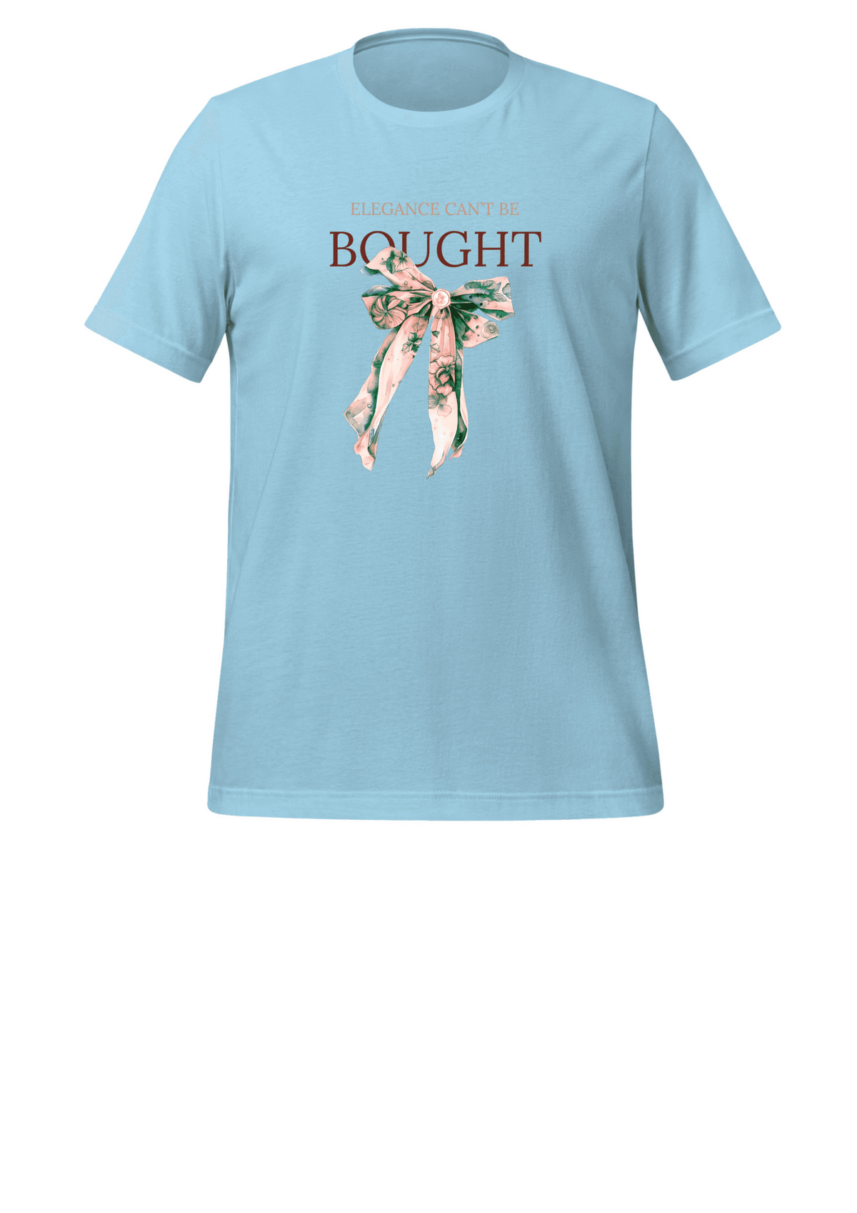 A light blue short-sleeve crewneck t-shirt featuring a graphic print on the front with the word 'BOUGHT' in brown and an illustration of a hand holding a bouquet of dollar bills.