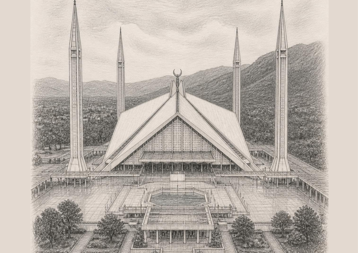 Framed pencil sketch wall art of Faisal Mosque Islamabad with Margalla Hills backdrop, dark brown pine wood frame - Marfz.pk
