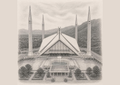 Framed pencil sketch wall art of Faisal Mosque Islamabad with Margalla Hills backdrop, dark brown pine wood frame - Marfz.pk