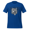 Royal blue poly-cotton t-shirt with vintage circuit breaker panel and lightning bolt graphic print - Marfz.pk