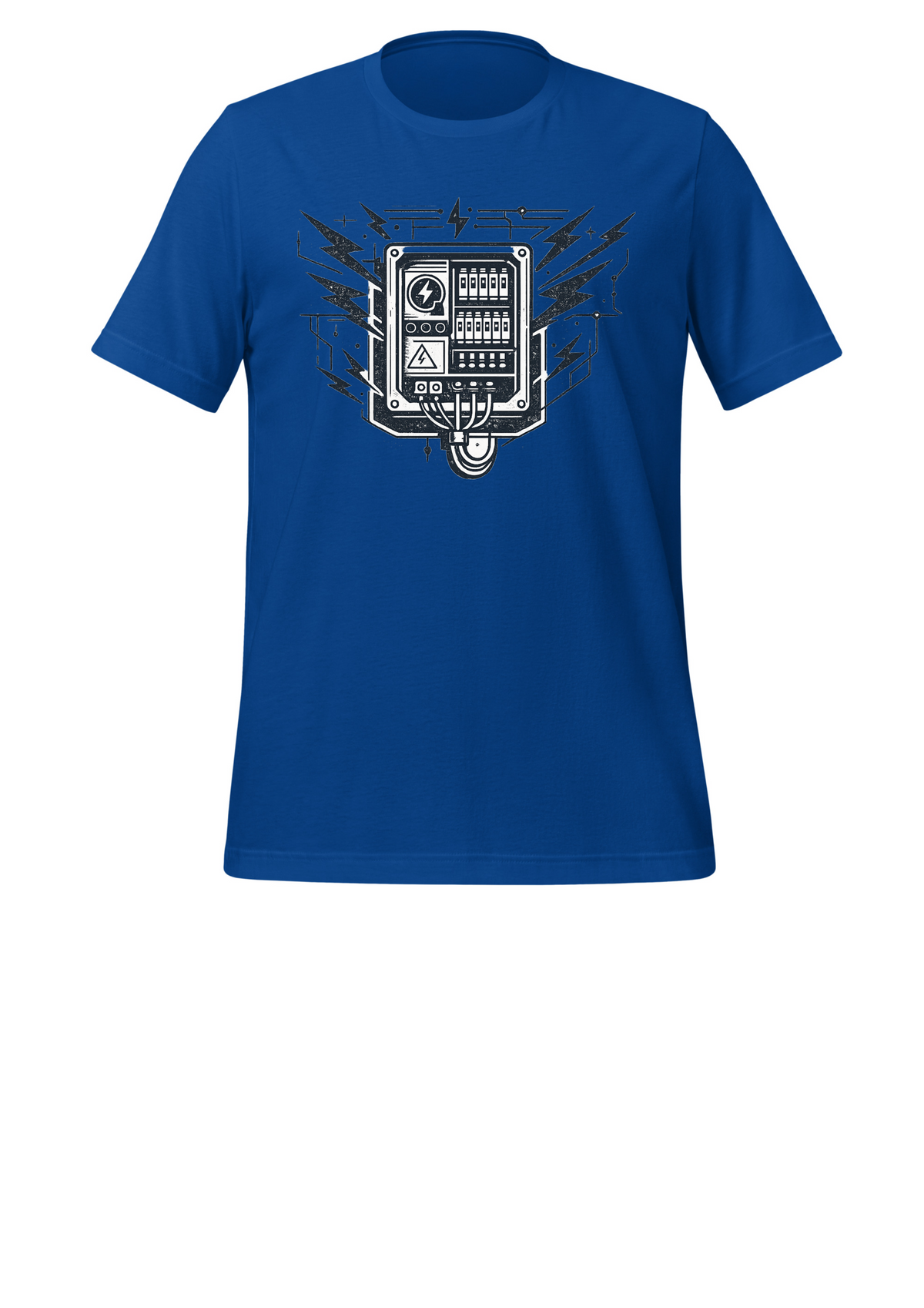 Royal blue poly-cotton t-shirt with vintage circuit breaker panel and lightning bolt graphic print - Marfz.pk