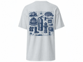 A light gray short-sleeve t-shirt shown from the back, featuring a large blue technical-style graphic print of firefighting equipment including a helmet, jacket, hydrant, boots, and hose.