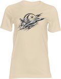 Sand beige poly-cotton t-shirt with fighter jet and star crescent patriotic graphic print