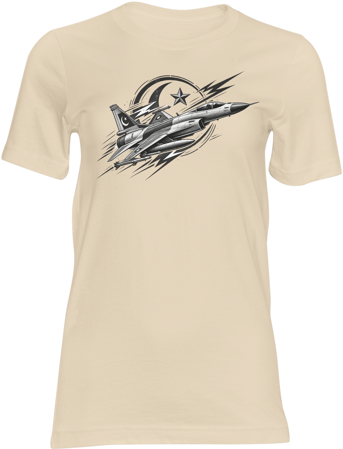 Sand beige poly-cotton t-shirt with fighter jet and star crescent patriotic graphic print - Marfz.pk