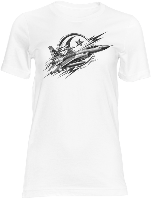 White poly-cotton t-shirt with JF-17 Thunder fighter jet and star crescent patriotic graphic print - Marfz.pk