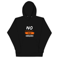 A black pullover hoodie with a graphic on the chest that reads 'NO MORE HEROES' in white text with an orange brushstroke background.