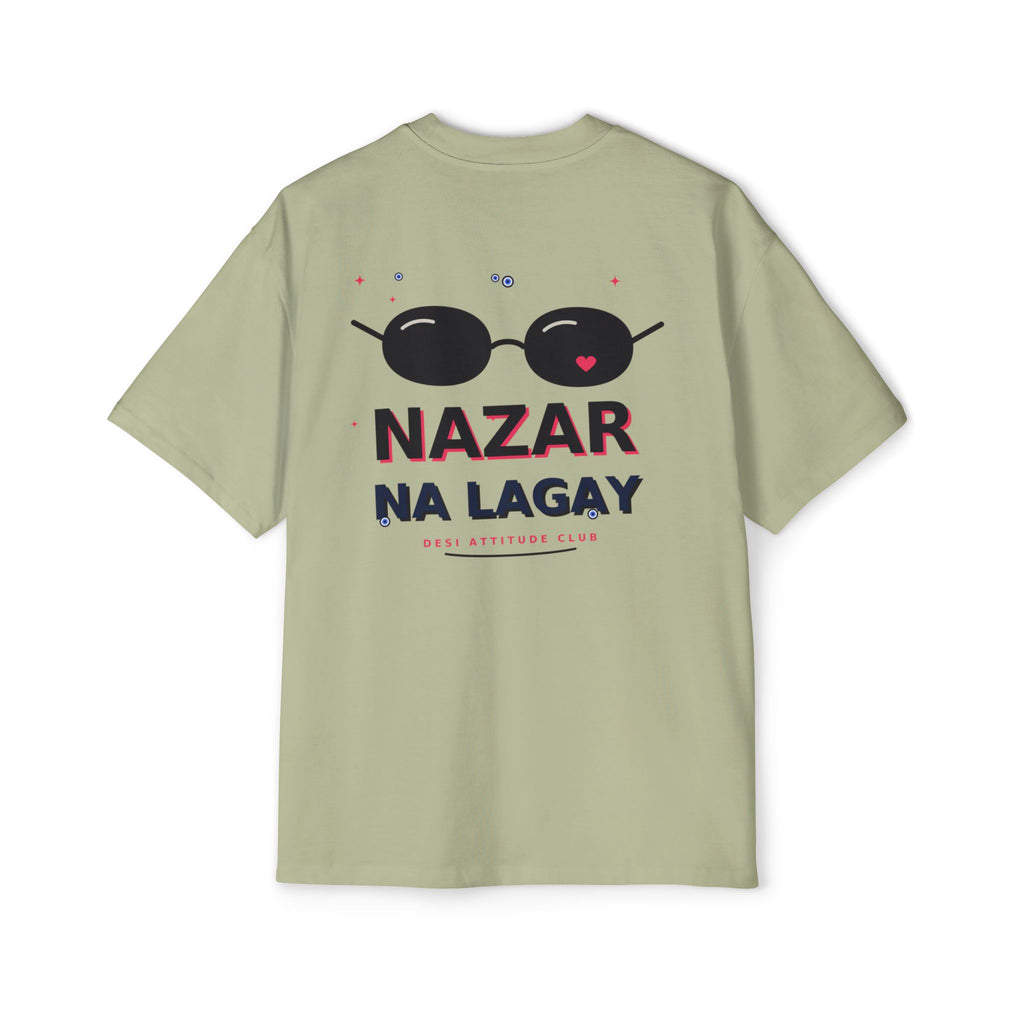Olive Green oversized t-shirt back print with sunglasses graphic and Nazar Na Lagay typography - Marfz.pk