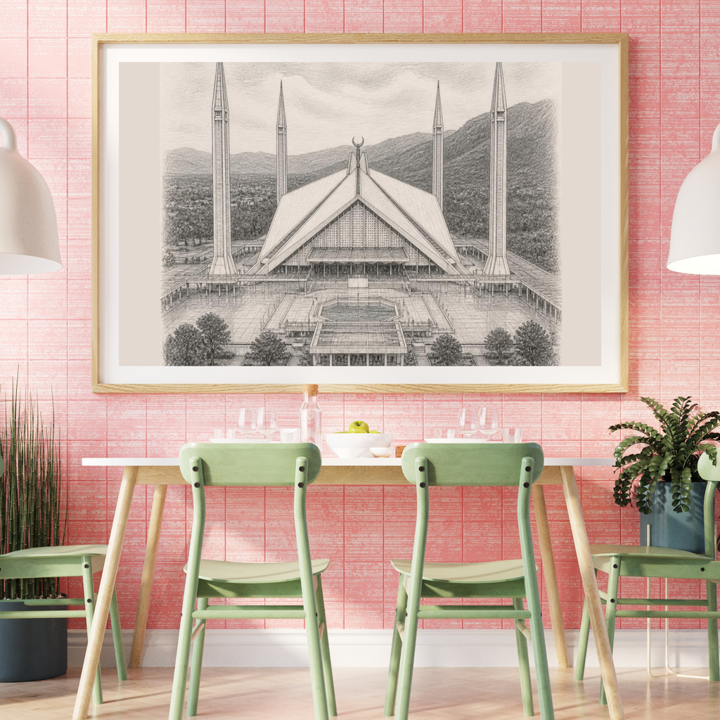 Framed pencil sketch wall art of Faisal Mosque Islamabad with Margalla Hills backdrop, dark brown pine wood frame - Marfz.pk