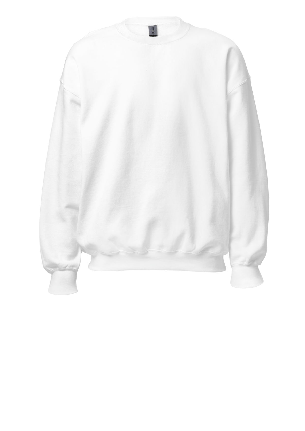 A plain white crewneck sweatshirt with long sleeves and ribbed cuffs, shown against a solid white background.