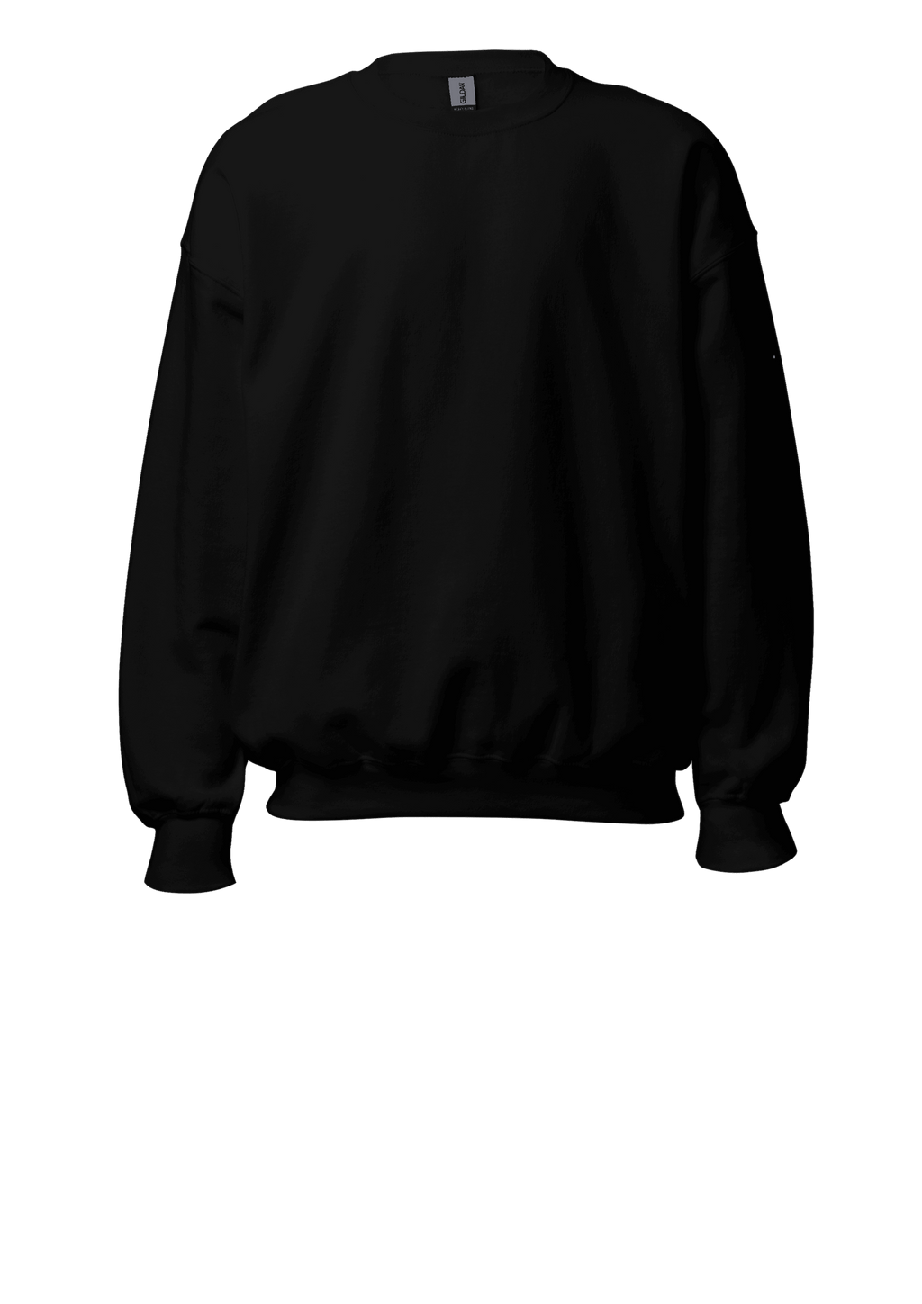 A plain black crewneck sweatshirt with long sleeves, ribbed cuffs, and a ribbed hem, shown against a solid white background.