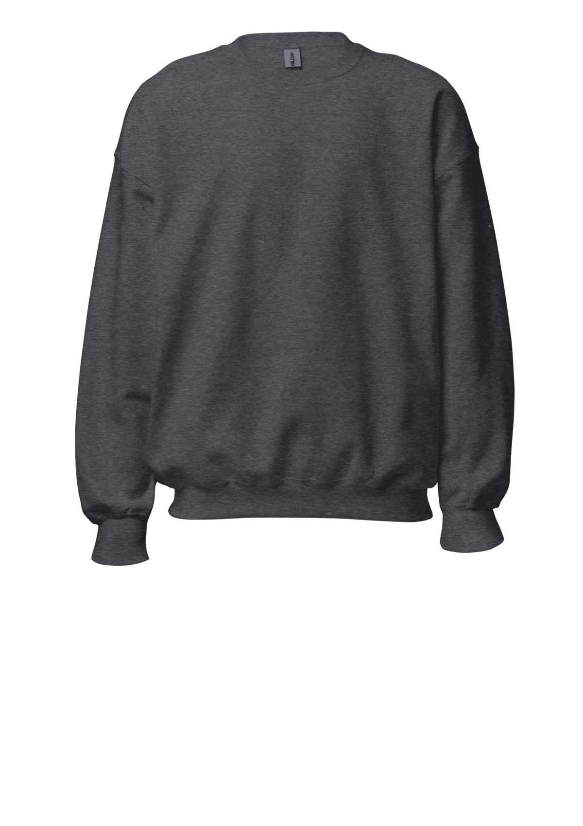 A dark gray crewneck sweatshirt with ribbed cuffs and hem, shown against a plain white background.