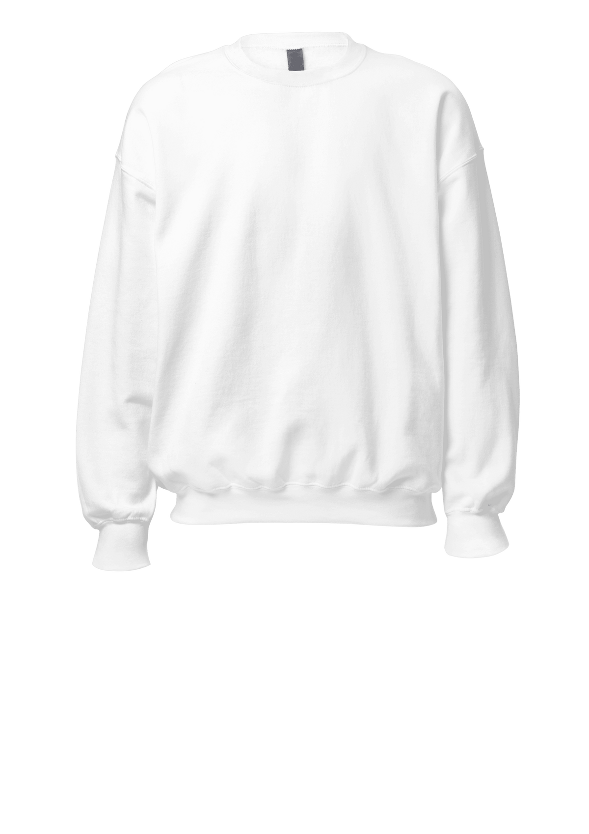 A plain white crewneck sweatshirt with long sleeves and ribbed cuffs, shown against a solid white background.