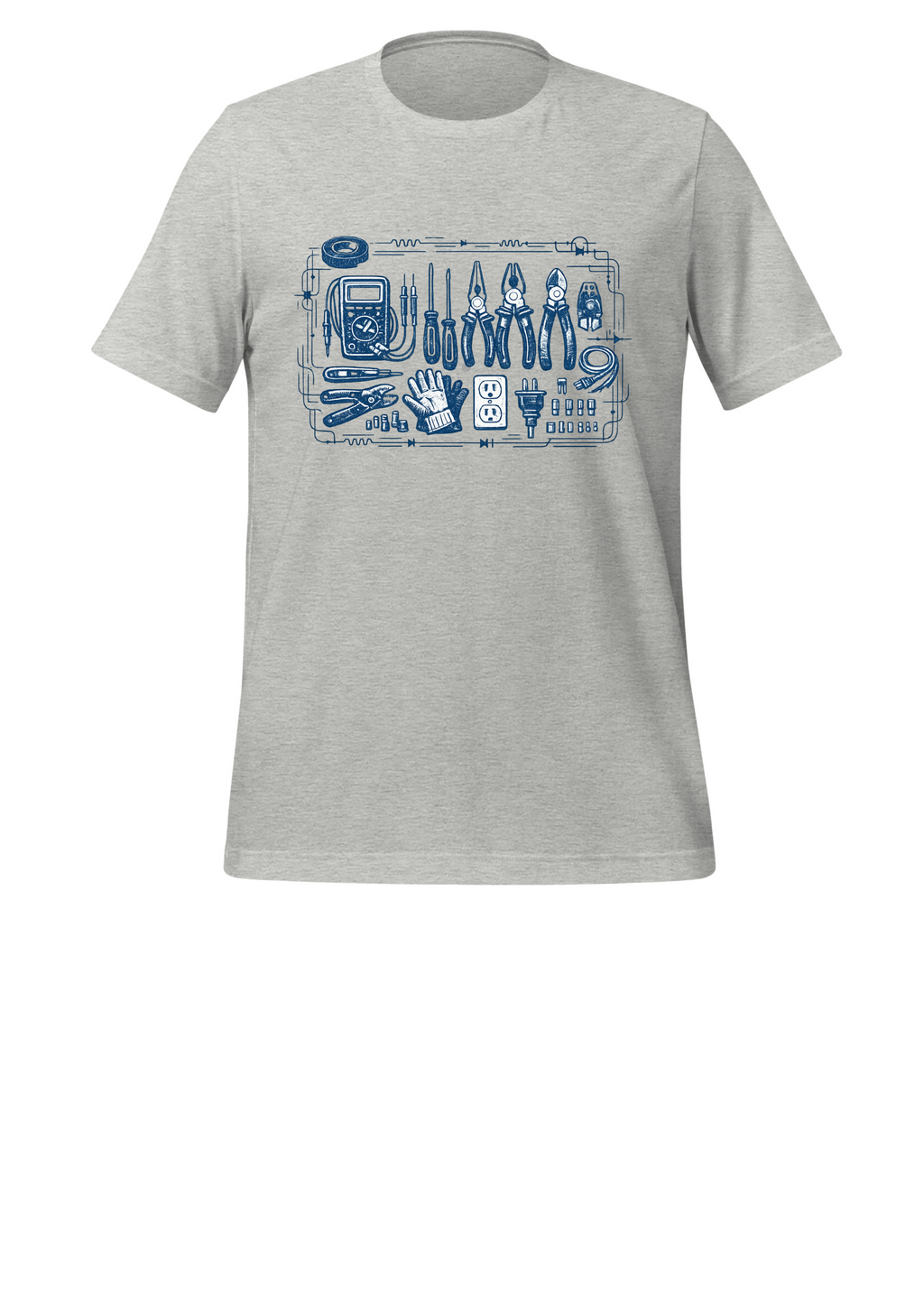 Grey cotton t-shirt with navy blue vintage electrician tools print - multimeter, pliers, screwdrivers, socket - Marfz.pk