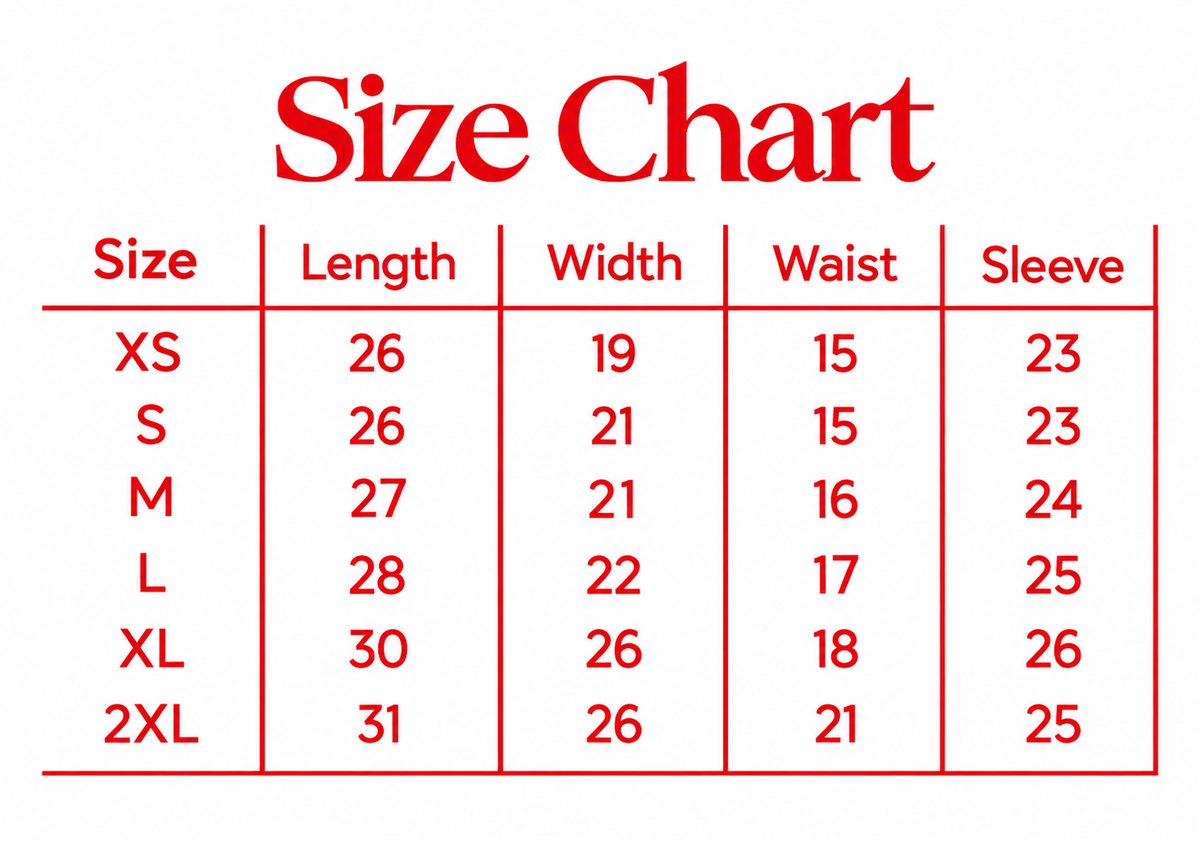 A size chart table with red text on a white background, showing size columns from XS to 2XL with measurements for length, width, waist, and sleeve.