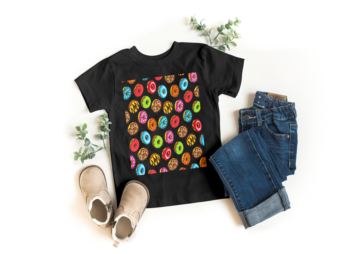 Black kids t-shirt with all-over colorful donut and sprinkle print - Marfz.pk