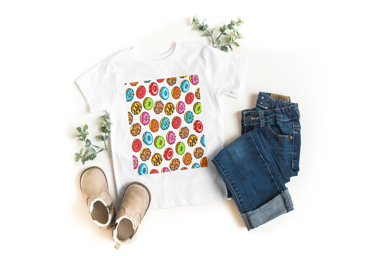 White kids t-shirt with all-over colorful donut and sprinkle print - Marfz.pk
