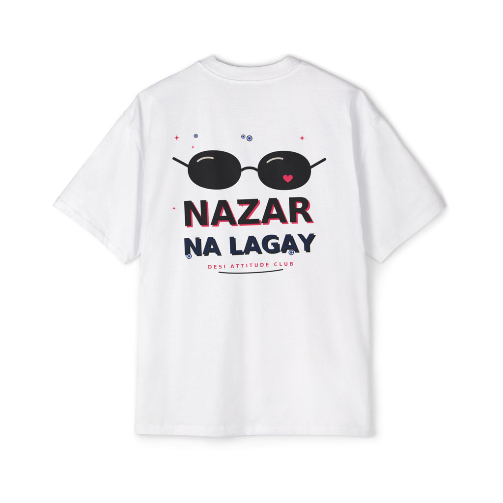 White oversized t-shirt back print with sunglasses graphic and Nazar Na Lagay typography - Marfz.pk