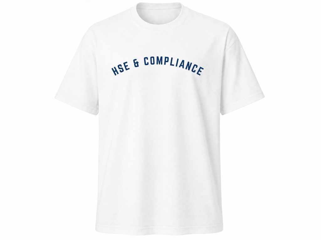 White t-shirt with HSE and Compliance wordmark text print on chest - Marfz.pk
