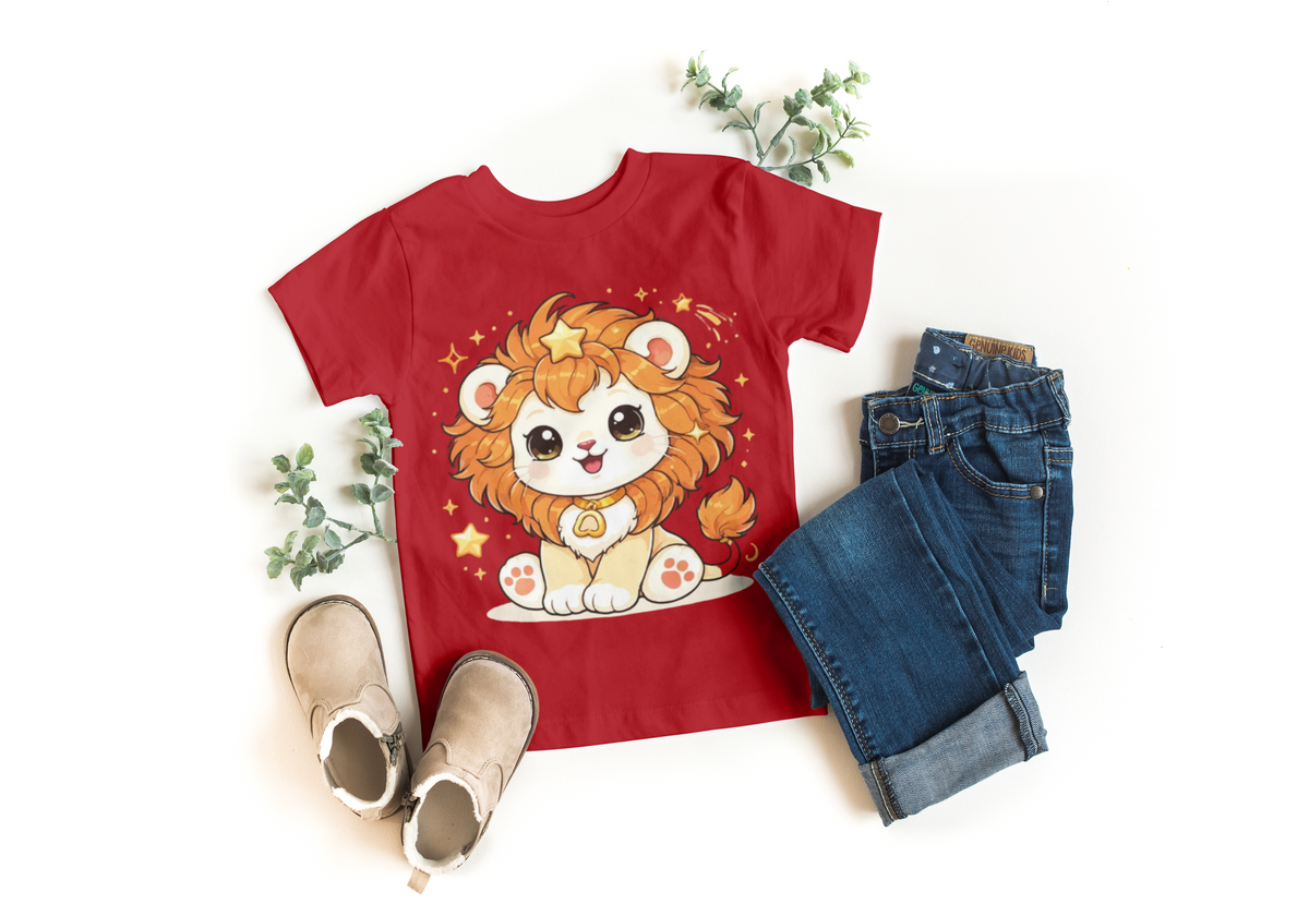 Red kids t-shirt with cute cartoon baby lioness and stars print, styled with jeans and boots - Marfz.pk