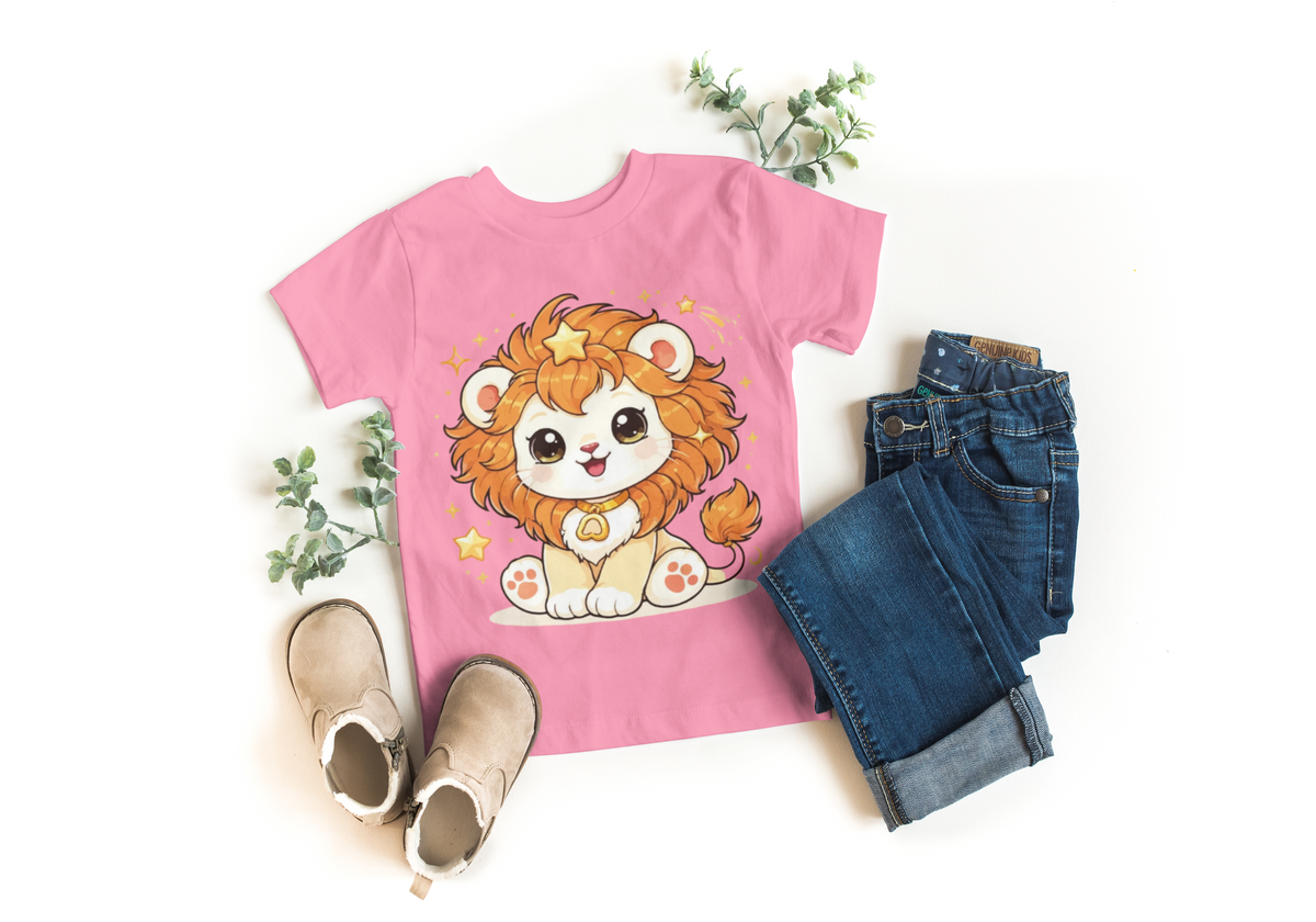 Candy Pink kids t-shirt with cute cartoon baby lioness and stars print, styled with jeans and boots - Marfz.pk