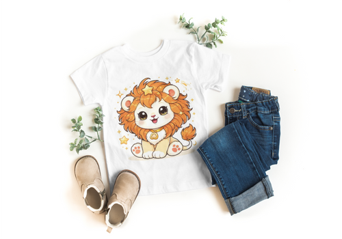 White kids t-shirt with cute cartoon baby lioness and stars print, styled with jeans and boots - Marfz.pk