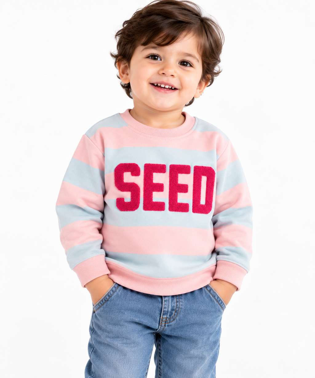 Smiling toddler boy wearing a pink and light blue striped fleece winter sweatshirt with raised SEED lettering, ribbed cuffs and blue jeans – front view.