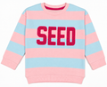 Baby and toddler pink and light blue striped fleece sweatshirt with raised pink SEED lettering, round neckline, long sleeves and ribbed cuffs – front view.