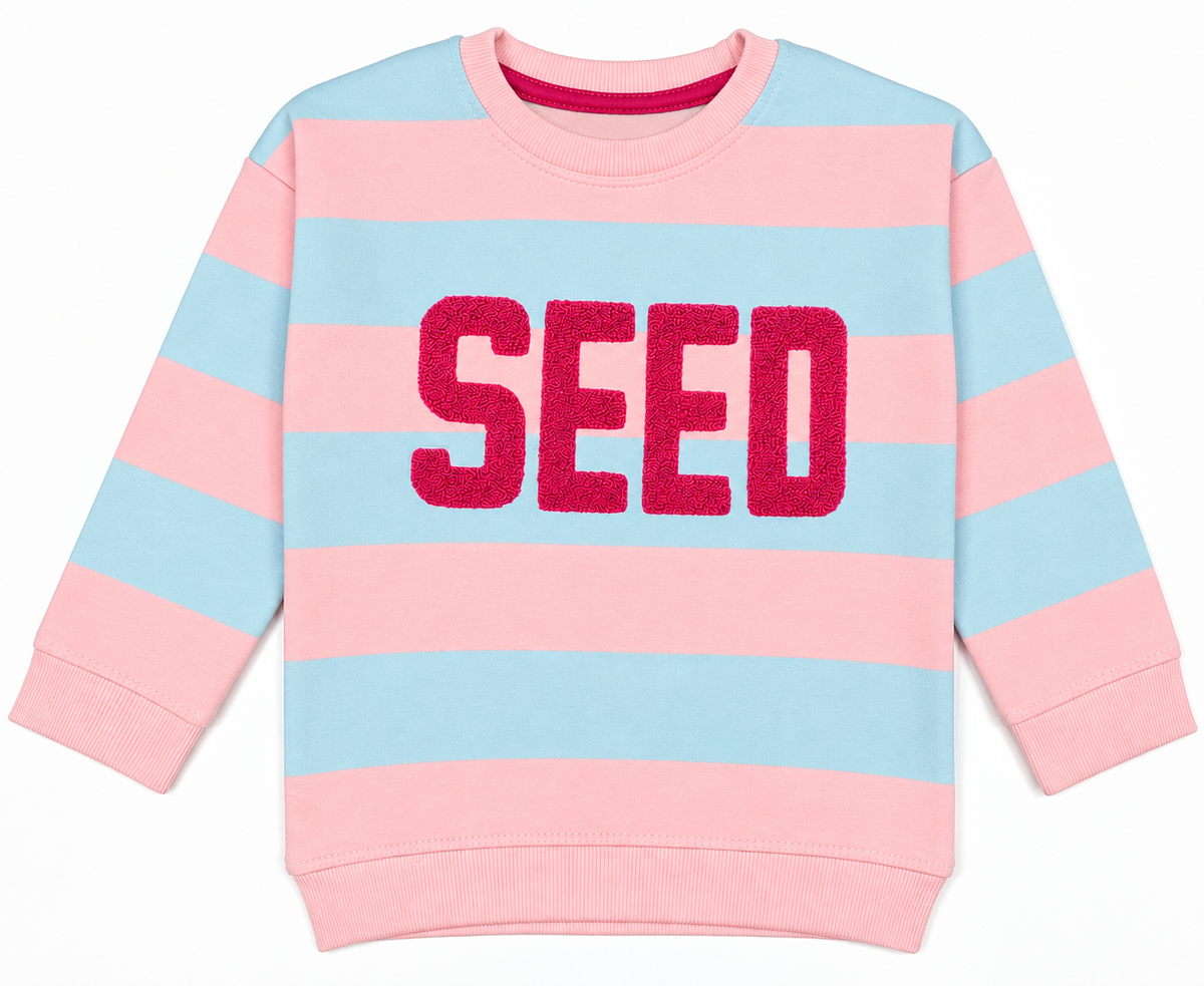 Baby and toddler pink and light blue striped fleece sweatshirt with raised pink SEED lettering, round neckline, long sleeves and ribbed cuffs – front view.