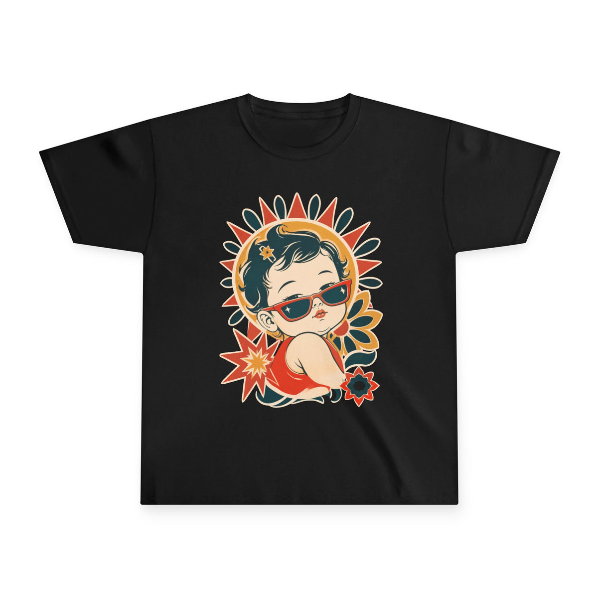 Black oversized t-shirt for girls with retro sunburst print - Marfz.pk