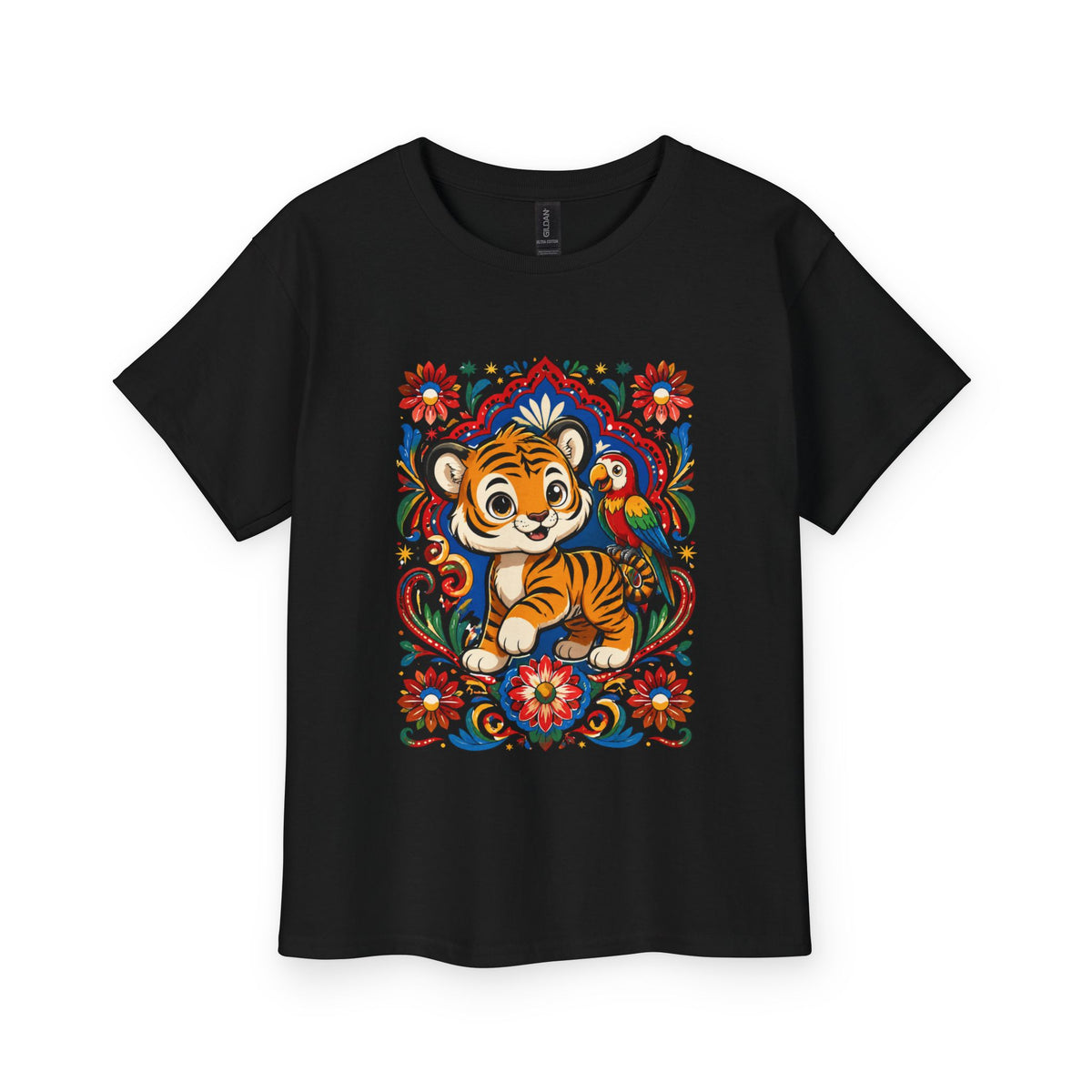 Black truck-art t-shirt for girls with tiger and parrot print - Marfz.pk