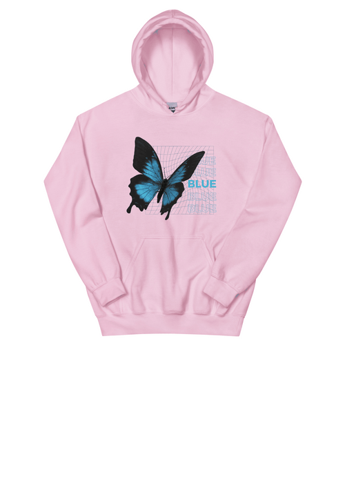 Pink women's hoodie with blue butterfly and grid print – Marfz.pk Pakistan