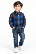 Toddler boy wearing a blue and brown checked flannel shirt with long sleeves and button-down collar, kids casual winter shirt in Pakistan.