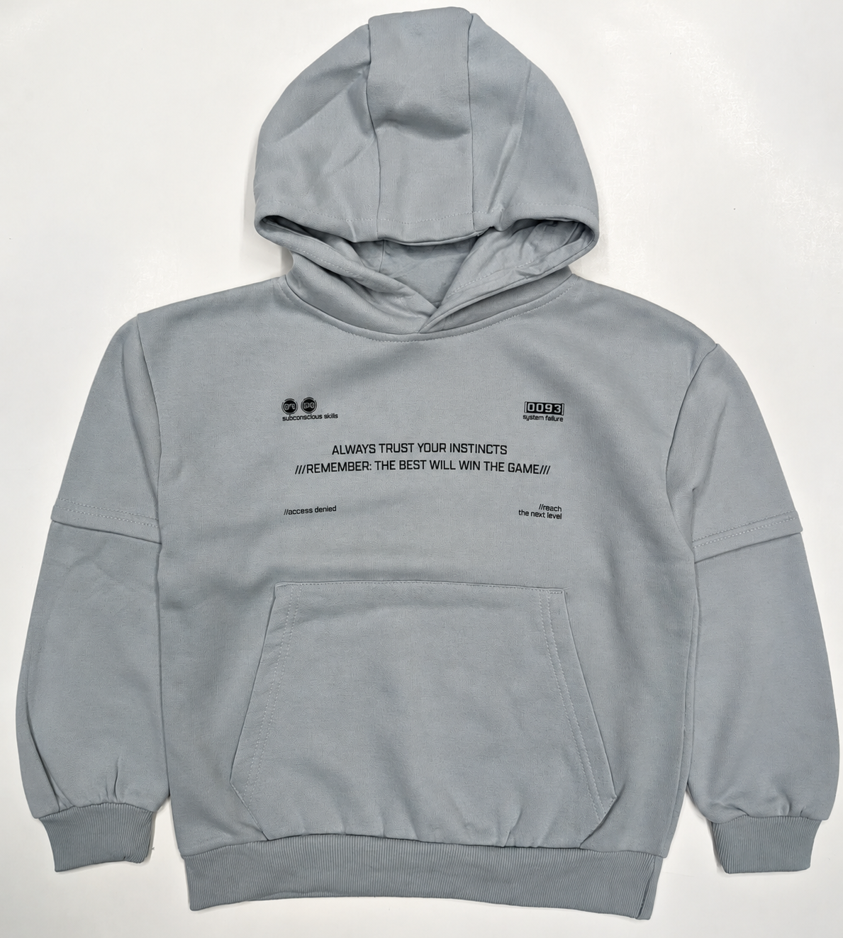 Boys grey printed fleece winter hoodie with attached hood, black typography design, kangaroo pocket and ribbed cuffs – front view.
