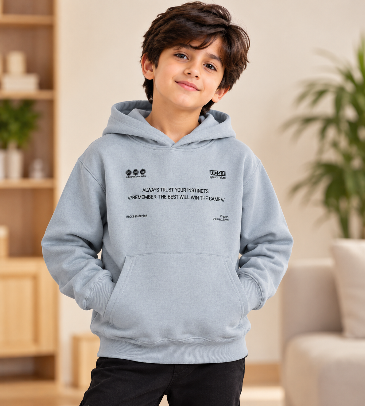 A boy wearing a grey printed fleece winter hoodie with a kangaroo pocket and black typography design, front view.