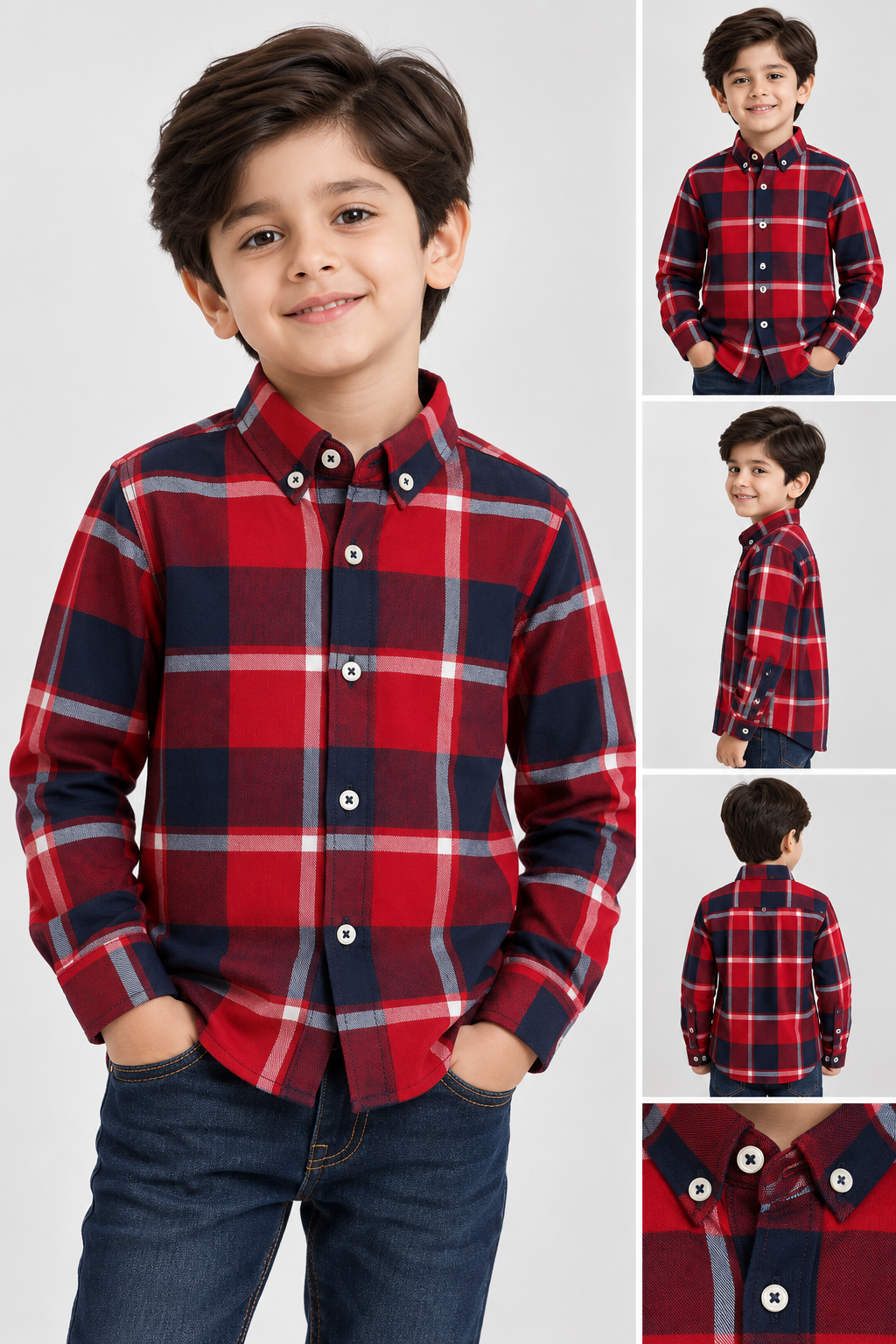 Red and navy blue checked flannel shirt for boys with long sleeves, button-down collar and front buttons, ideal for kids' winter wear in Pakistan.