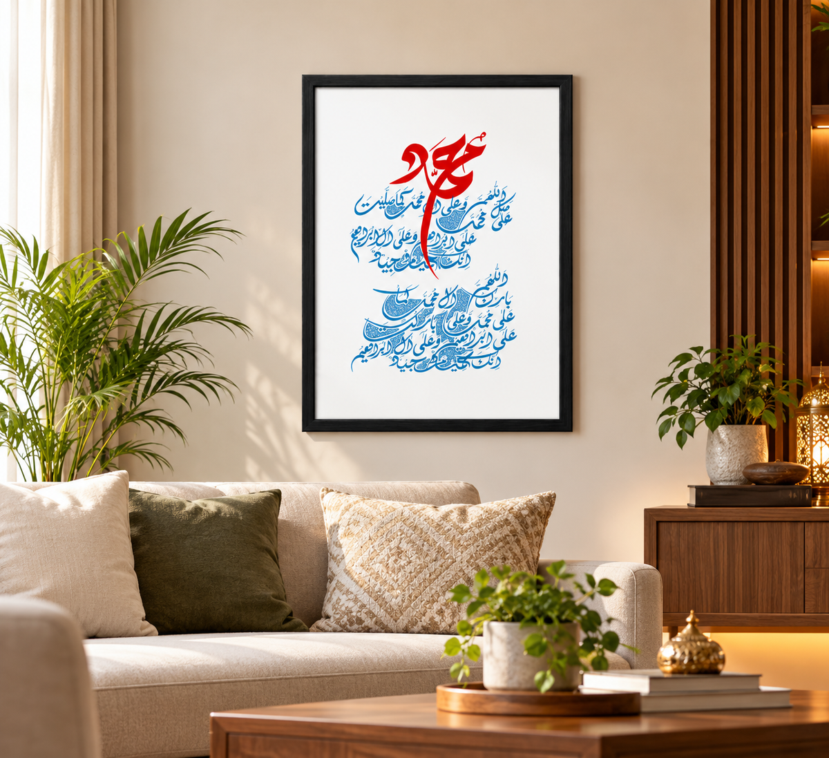 Darood-e-Ibrahimi Arabic calligraphy wall art in a black wooden frame displayed above a sofa in a modern living room with beige home décor.
