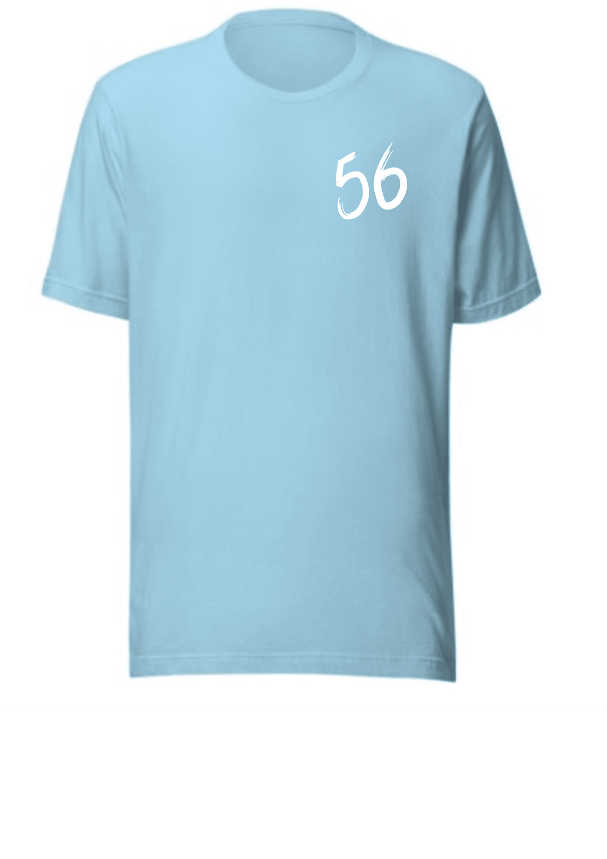 Sky blue unisex t-shirt with minimalist brush-style "56" number graphic on chest - Marfz.pk