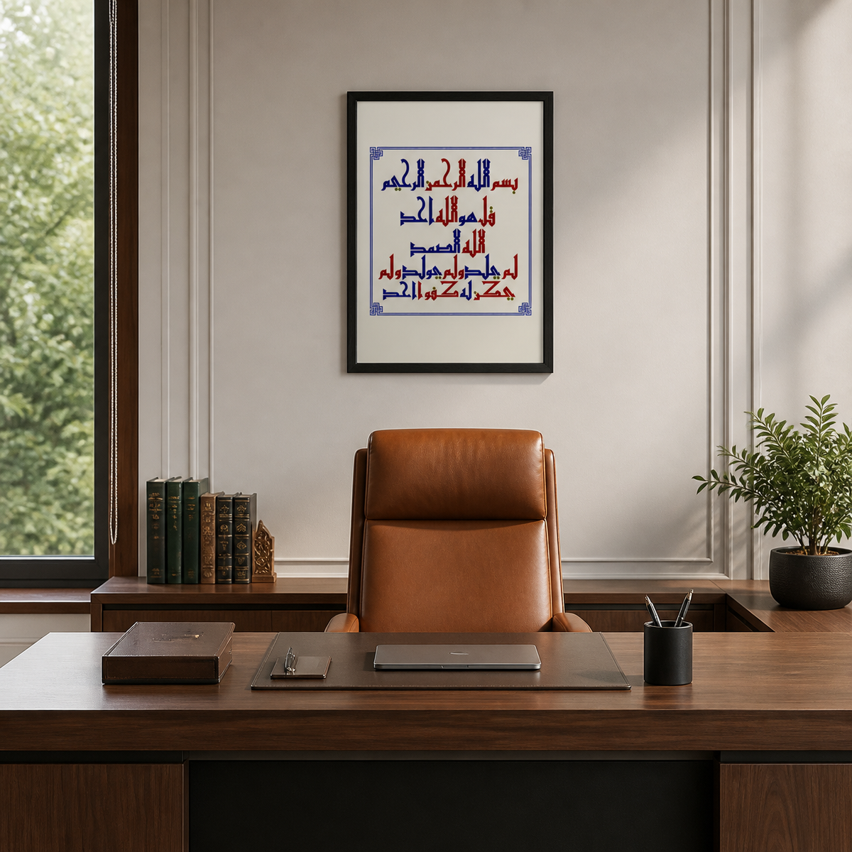 Framed Surah Al-Ikhlas (2nd Qul) Arabic calligraphy artwork with colorful Kufic lettering, displayed in a professional office interior as Islamic wall decor.