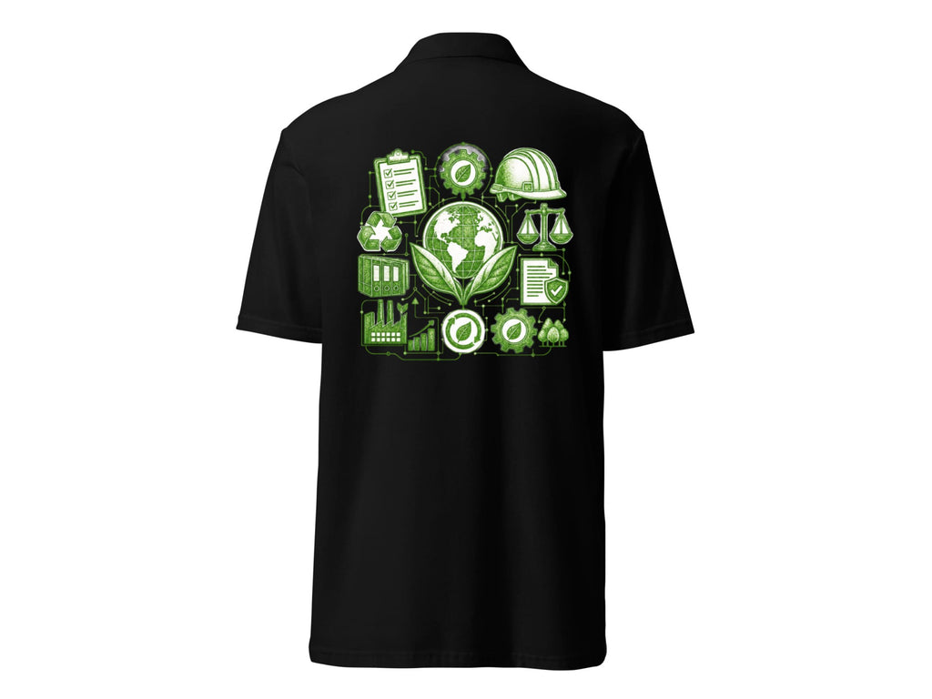 Sustainability & Compliance polo, black edition, back view with green globe and compliance icons graphic – Marfz.pk