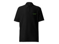 Sustainability & Compliance polo, black edition, front view with green embroidered-style chest text – Marfz.pk
